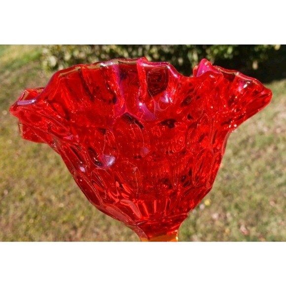Vtg Fenton Fiery Amberina Ruffled Thumbprint Pedestal Compote Candy Dish Tagged - Picture 5 of 6
